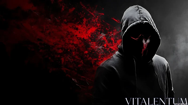 Shadowy hooded figure quietly emerges from swirling red smoke