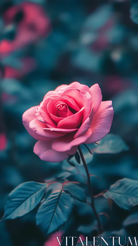 Pink rose bloom with dual-tone bokeh background composition.