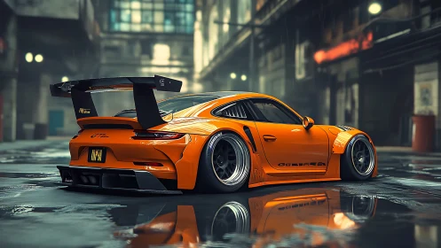 Orange widebody sports car in wet urban alley at night.