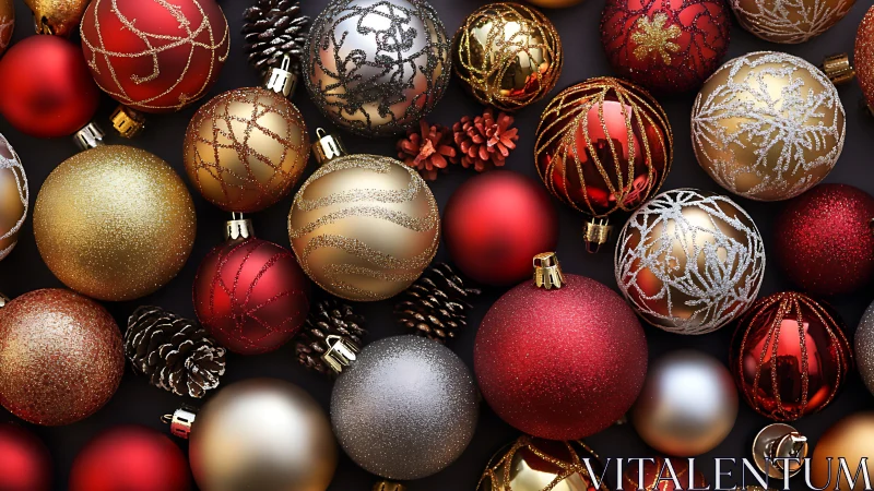 Glistening Christmas bauble chorus in red, gold, and frost.