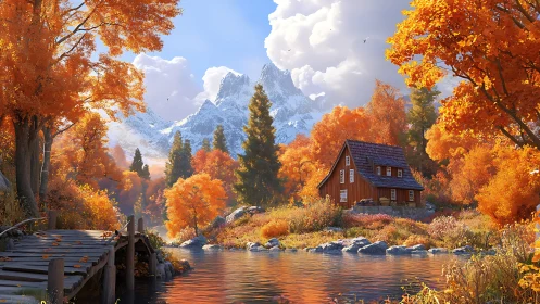 Cozy cabin by autumn lake below distant snowy peaks.
