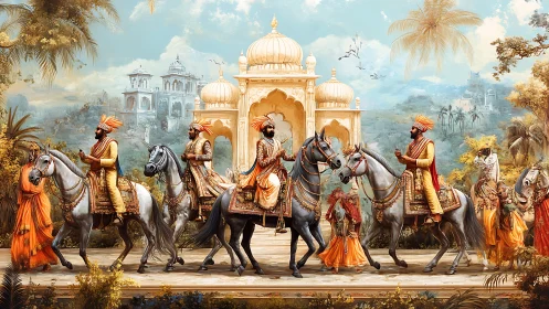 Processional horse riders before domed palace gateway.