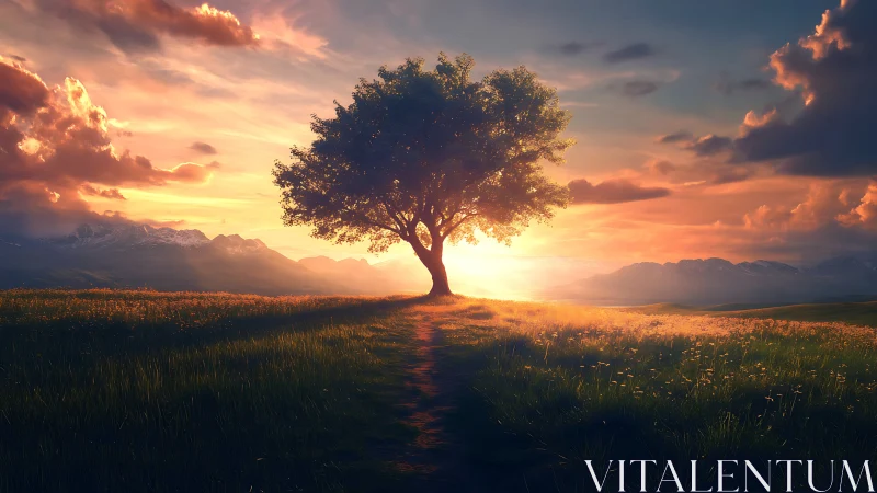 Lone tree at sunset in scenic field, digital art landscape style.