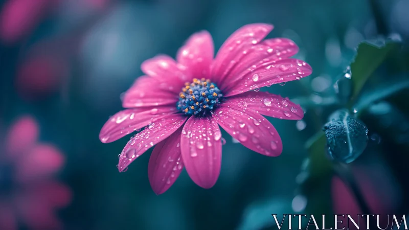 Pink daisy glows with raindrops in dreamy blue bokeh haze