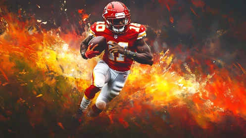 Gridiron ball carrier amid abstract fiery background artwork.