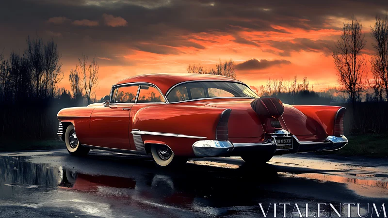 Sunset-drenched classic coupe lingers over rain-slick asphalt