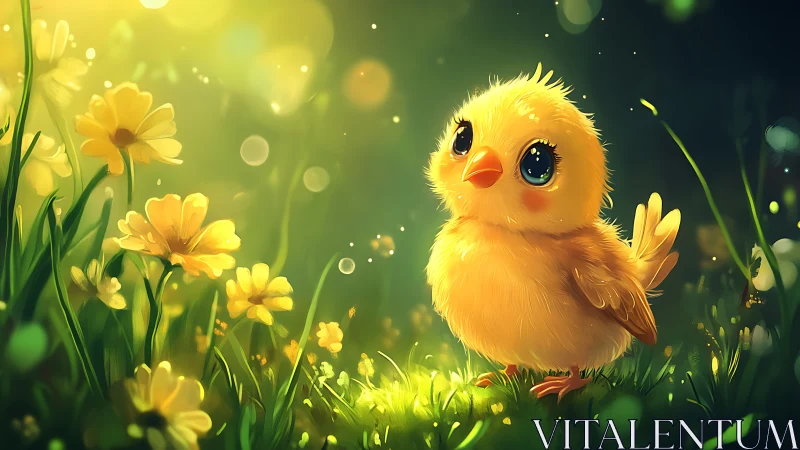 Radiant Chick Among Wildflowers: A Sunlit Spring Dream.