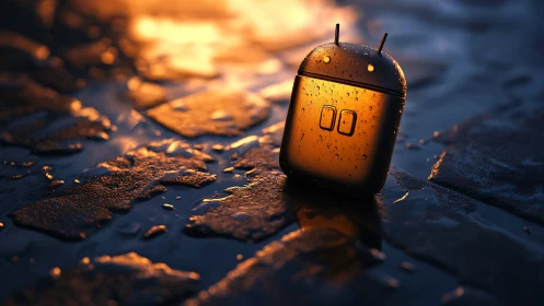 Golden robot earbud case on wet pavement at dusk.