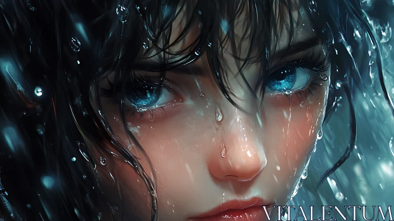 Hydrodynamic close-up of blue-eyed face in rainfall flux.