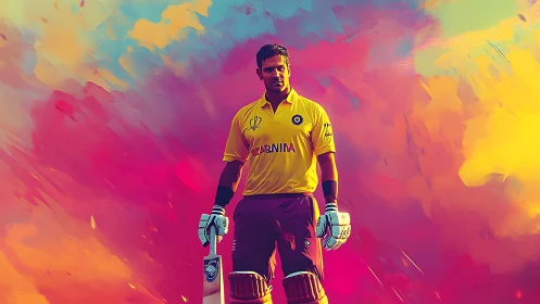 Cricketer in yellow jersey against multicolor abstract field.