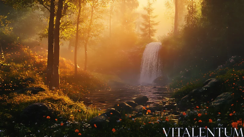 Sunlit forest waterfall in glowing golden mist at dawn.