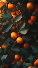 Citrus branch cluster under low-key, warm spectrum lighting.