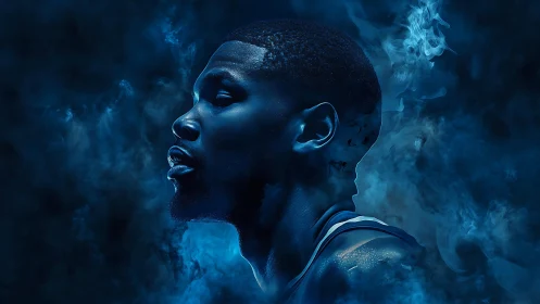 Blue monochrome athlete portrait merges with atmospheric smoke
