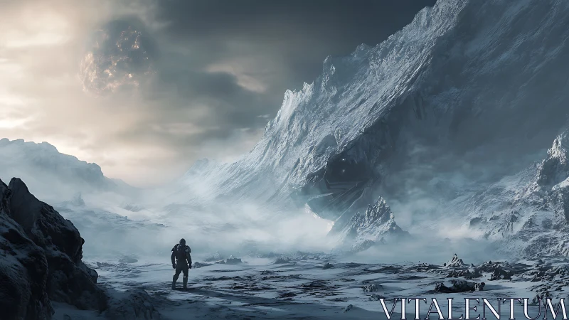 Lone astronaut crossing a frozen alien world of storms.