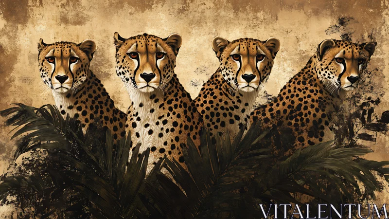 Quaternary Cheetah Pride Study: Spotted Felid Quartet with Tonal Distressed Backdrop