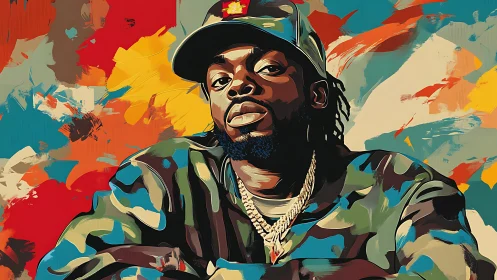 Digital portrait depicts man in camo jacket against abstract field