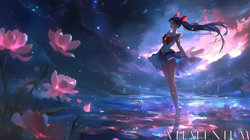 Girl in sailor uniform standing in reflective water at night.