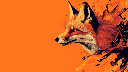 Fox head illustration with abstract orange fluid forms.