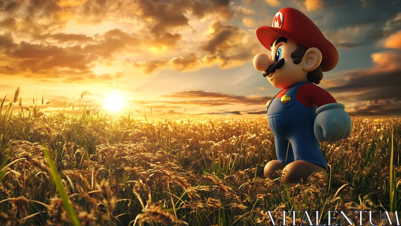 Sunny game hero wanders through a golden evening field