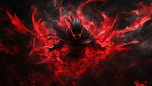 Crimson cloaked warrior emerging within eruptive flame field.