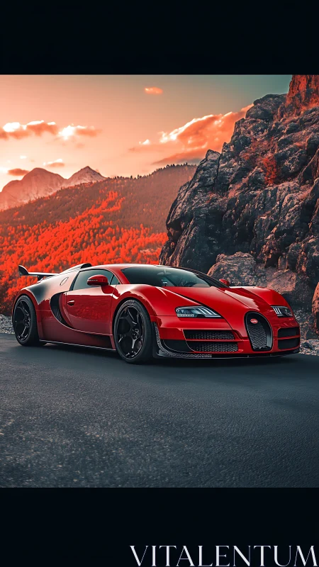Red hypercar on mountain road at sunset landscape.