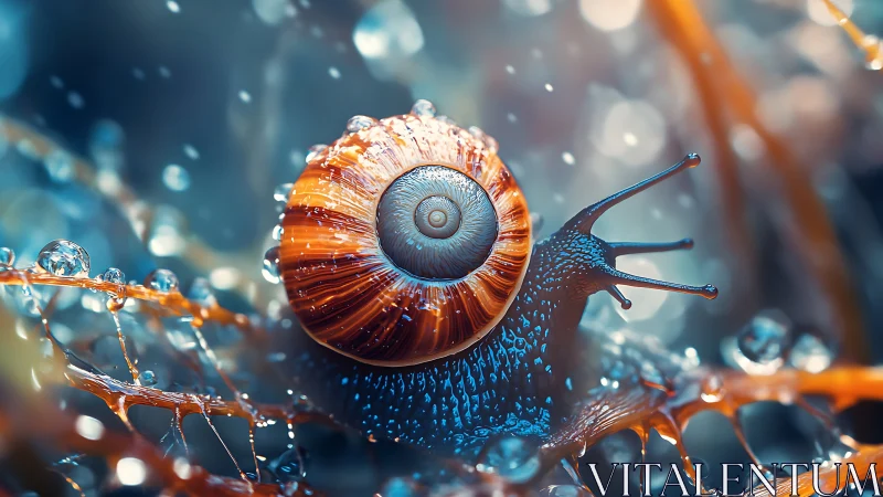 Vibrant snail with glossy shell amid dewy foliage.