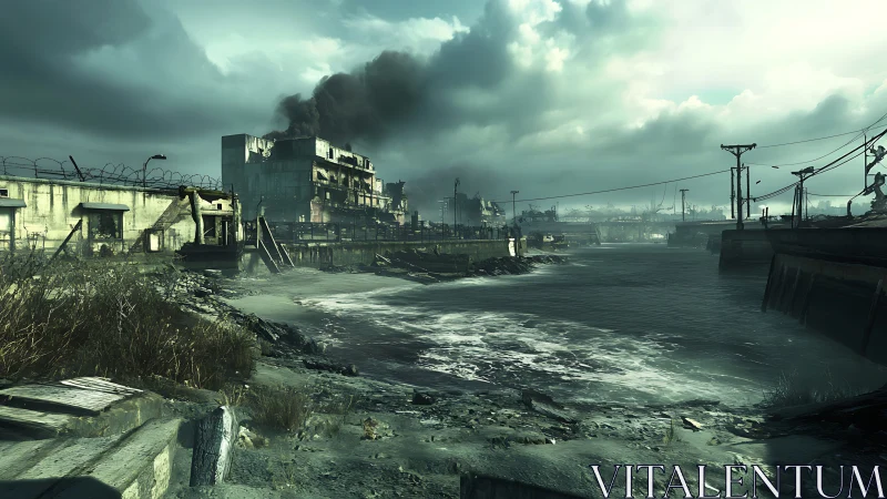 Industrial shoreline with decaying structures and smoke plume.