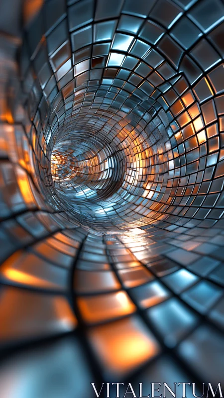 Curved metallic tile tunnel forms reflective illuminated vortex