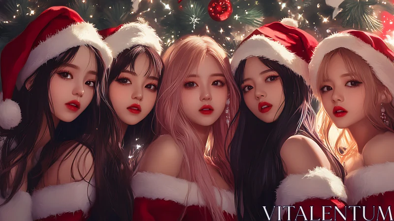 Holiday portrait of five girls in stylized Santa outfits.