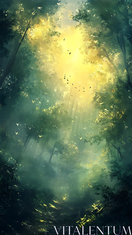 Sunlit forest canopy opens above misty green pathway