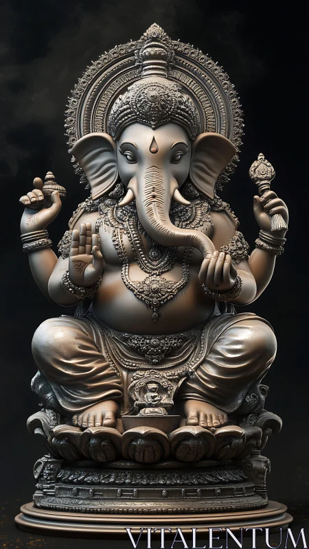 Ornate silver Ganesha idol seated on lotus pedestal.