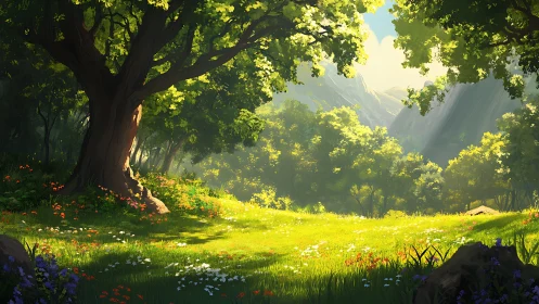 Alpine Valley Landscape: Luminous Forest Canopy with Distant Mountains