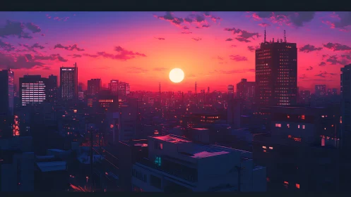 Neon city skyline under vivid magenta sunset glow.