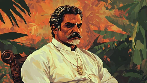 Digital painting portrait with tropical foliage backdrop structure.