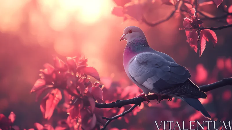Elegant pigeon perched on flowering branch at sunset, dreamy style.