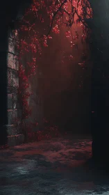 Secret red courtyard glowing beyond a crumbling archway.