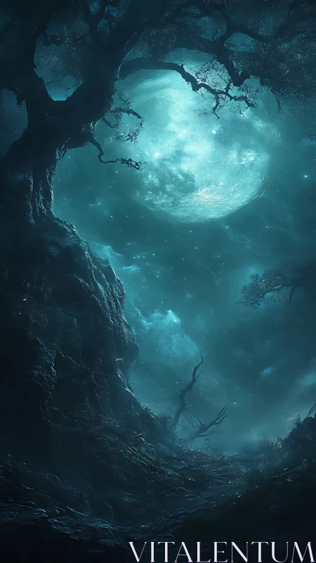 Lunar-illuminated ravine beneath gnarled trees in teal haze