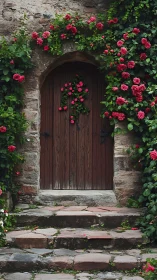 Stone Archway Framed by Cascading Crimson Roses.