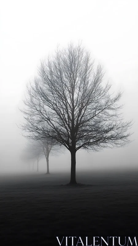 Bare winter trees fade into dense monochrome morning fog.