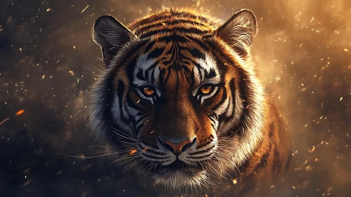 Tiger portrait glows within embers and cinematic golden haze.
