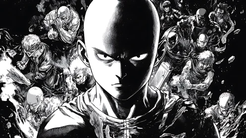Bald central fighter leading multiple figures in monochrome field.