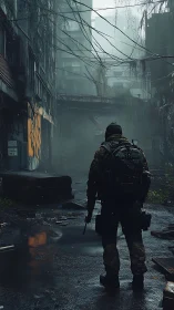 Lone survivor walks through a misty ruined city street
