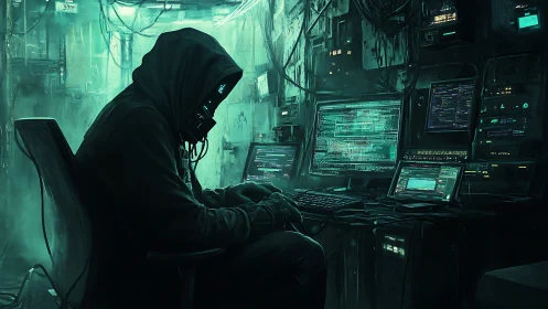 Solitary hooded hacker commands neon-lit cyber control hub