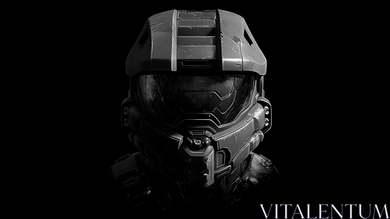 Futuristic armored helmet glowing quietly in the dark.