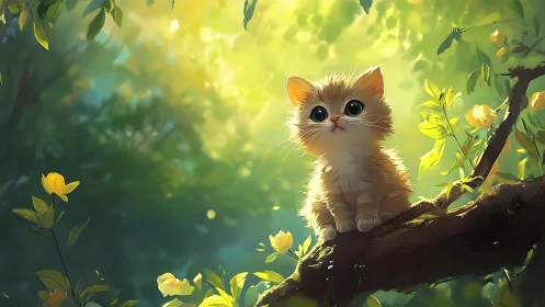 Adorable Kitten Perched on a Sunlit Branch Among Golden Blooms