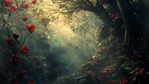 Whispering heart-vine forest under spellbound golden light.
