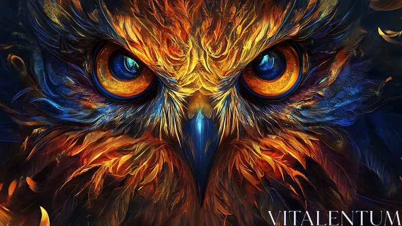 Vivid Owl Face in Fiery Abstract Style with Intense Colors.