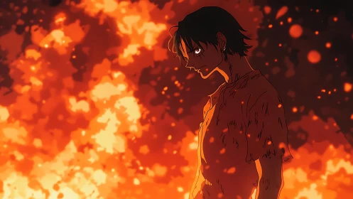 Defiant anime hero standing strong in a sea of flames.