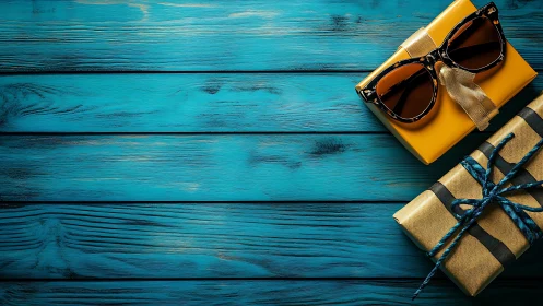 Gift boxes with sunglasses on teal stained wooden planks surface