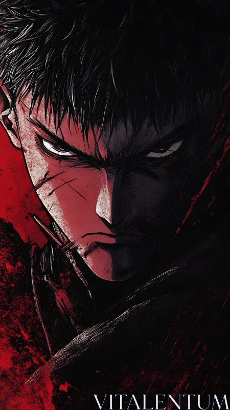 Brooding anime warrior in high-contrast red shadowed portrait.